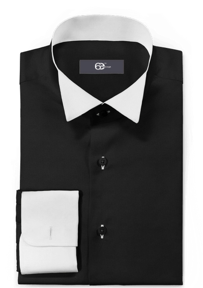 Black double cuff cotton wing collar Tux Shirt with contrast collar