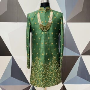 Green zari and zardosi embroidered raw silk sherwani
