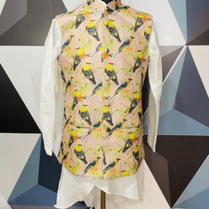 Beige color bird printed Nehru Jacket