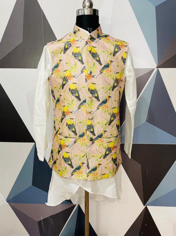 Beige color bird printed Nehru Jacket