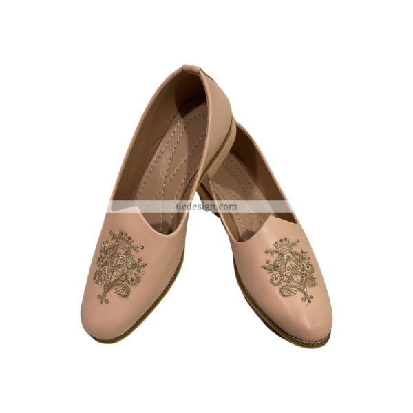 Peach Leather With Golden Zardosi Embroidery Loafers