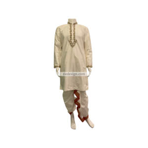Off white silk dhoti with red Kanchi border for men