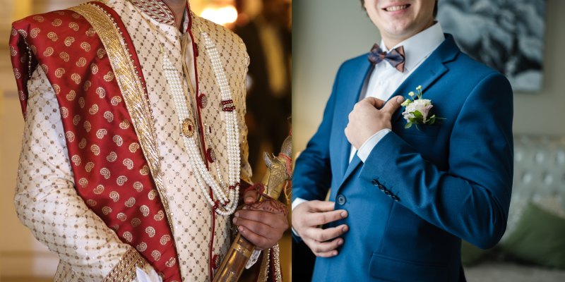Two grooms in traditional and western wedding attire; one in a sherwani, the other in a suit.
