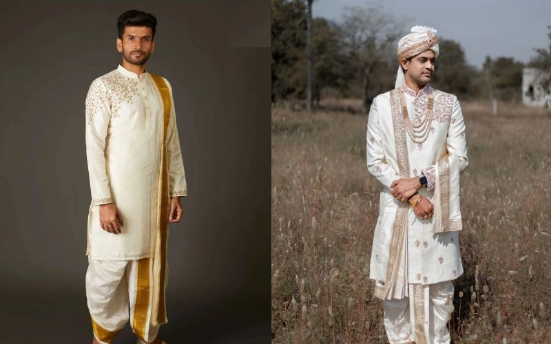 Two men showcasing traditional Indian wedding attire for a Hyderabadi wedding. On the left, a man wears a cream-colored pattu set with intricate embroidery and a golden sash, symbolizing simplicity and elegance. On the right, a groom is dressed in a cream sherwani with detailed embellishments, paired with a matching turban and layered jewelry, set against a natural outdoor background. Perfect options for those seeking inspiration for Hyderabadi wedding attire.