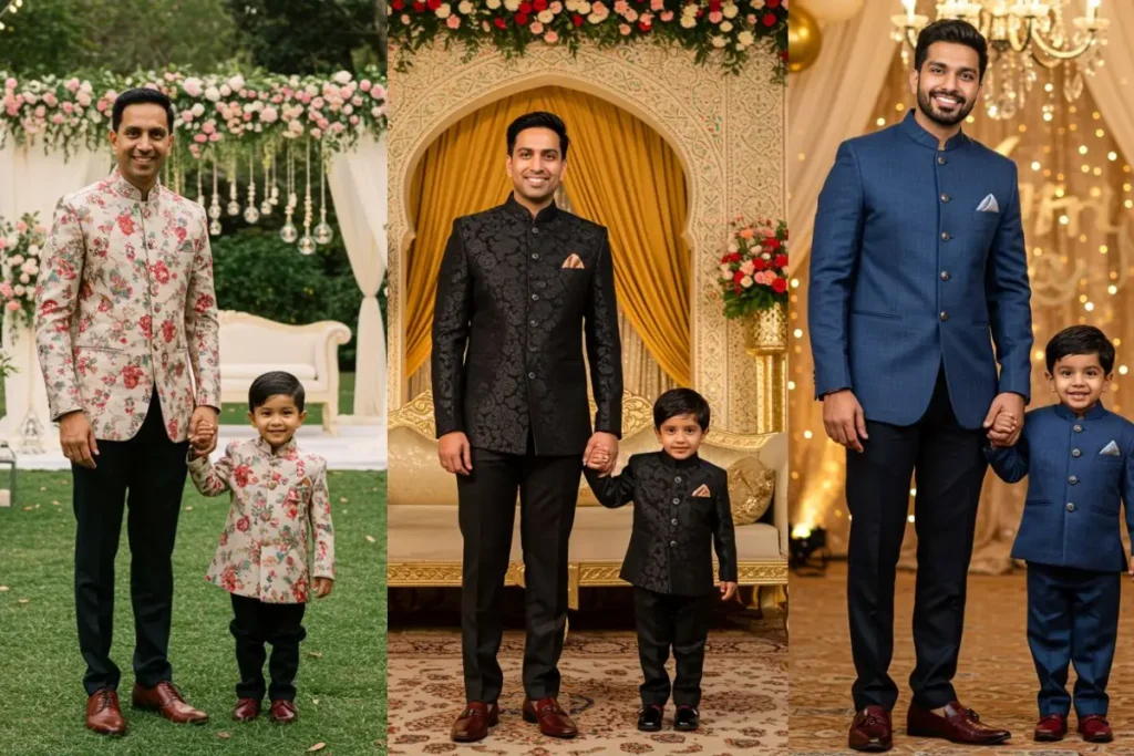 5 Best Matching Jodhpuri Suit for Father and Son 2 Three pairs of father and son dressed in matching Jodhpuri suits. Styles include floral jackets, intricate black designs, and elegant blue patterns, perfect for festive or wedding wear.
