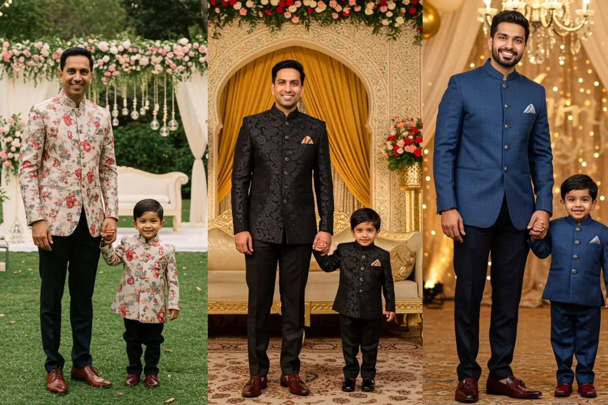 Three pairs of father and son dressed in matching Jodhpuri suits. Styles include floral jackets, intricate black designs, and elegant blue patterns, perfect for festive or wedding wear.