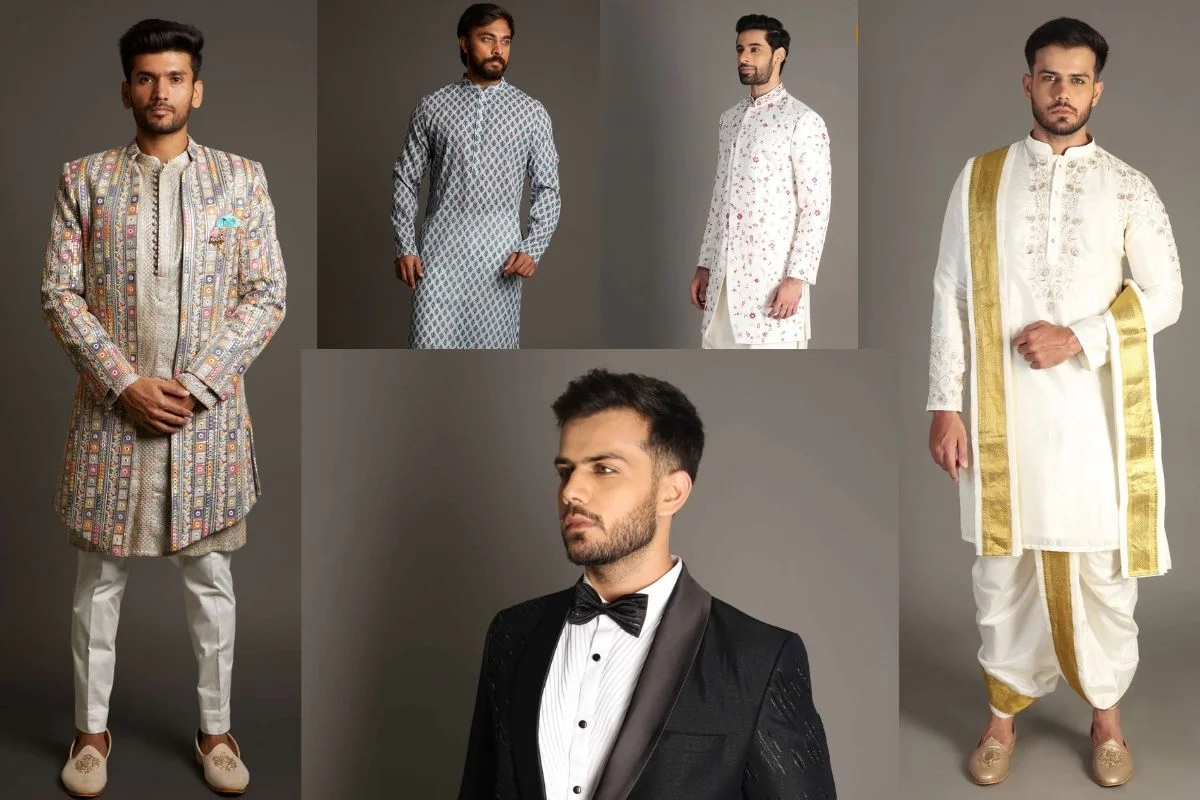 A variety of stylish outfits for men at a brother's wedding, including traditional embroidered sherwanis, modern kurtas with patterns, and a classic black tuxedo.