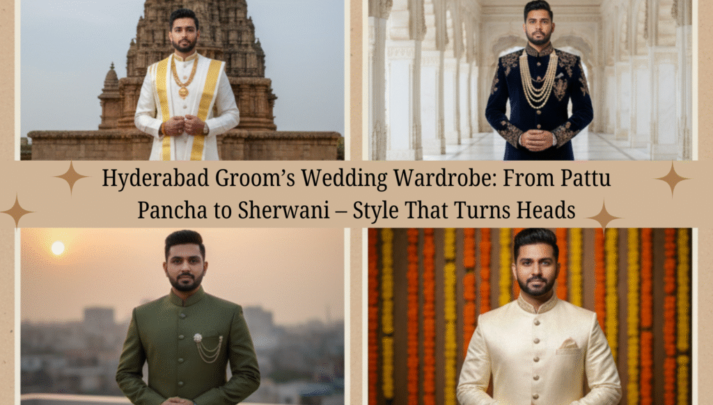 Hyderabad Groom’s Wedding Wardrobe: From Pattu Pancha to Sherwani – Style That Turns Heads 6 Hyderabad Groom’s Wedding Wardrobe: From Pattu Pancha to Sherwani – Style That Turns Heads
