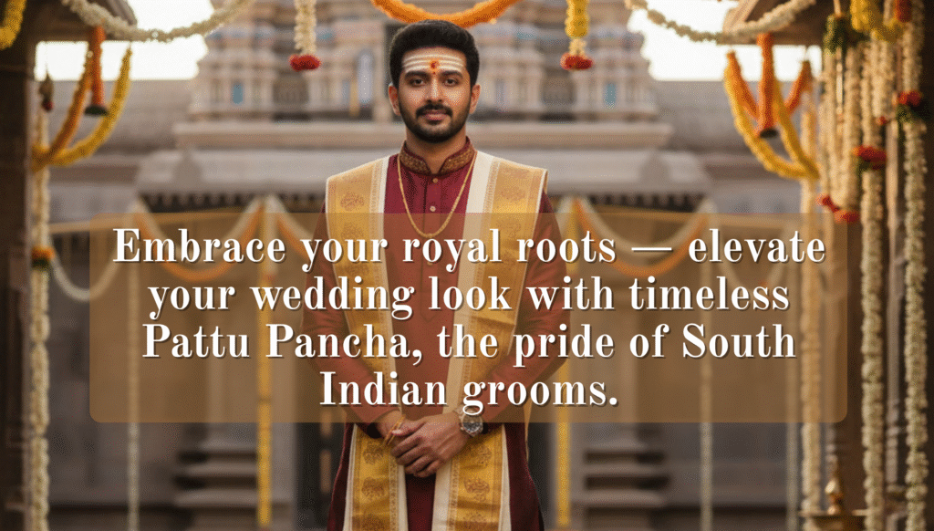 Pattu Pancha for Groom – Traditional South Indian Wedding Style for Men 4 Pattu Pancha for Groom – Traditional South Indian Wedding Style for Men