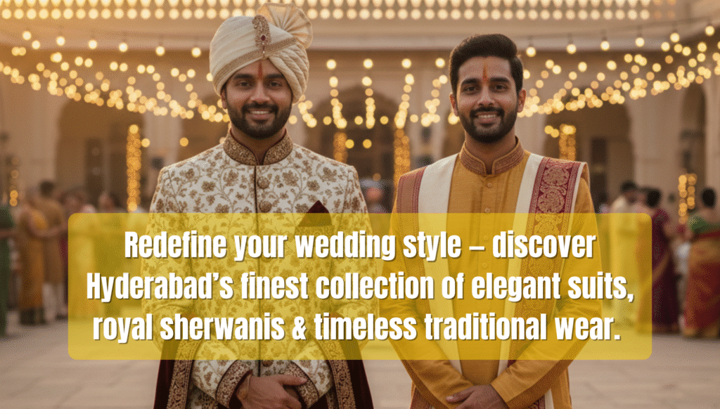 Mens Wedding Wear in Hyderabad – Elegant Suits, Sherwanis & Traditional Looks 10 Mens Wedding Wear in Hyderabad – Elegant Suits, Sherwanis & Traditional Looks