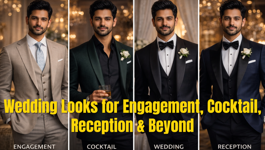 Groom Suits in Hyderabad: Wedding Looks for Engagement, Cocktail, Reception & Beyond 1 At 6e design, Hyderabad, we help grooms build a function-by-function plan: what to wear for engagement, cocktail, reception, and beyond—plus how early to start so you don’t end up rushing decisions.