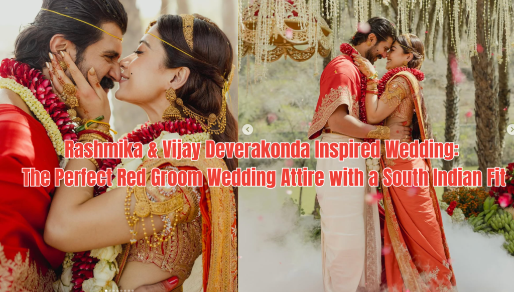 Rashmika & Vijay Deverakonda Inspired Wedding: The Perfect Red Groom Wedding Attire with a South Indian Fit