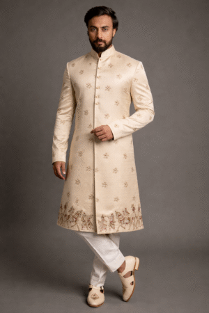 Light Gold Hand Embroidered Sherwani for Engagement