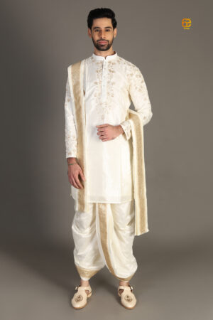 Cream Kanchivaram Pattu Pancha Set with Hand Embroidered Detailing