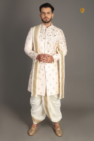 Cream Zardosi Sherwani with Pancha & Kanduva Set