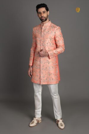 Peach Hand-Embellished Pearl Work Sherwani
