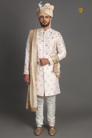 Cream Sherwani with Heavy Zardosi Embroidery