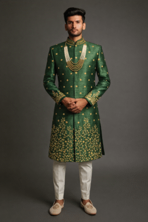 bottle green sherwani for engagement