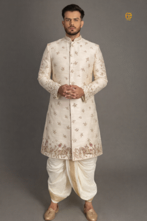 Cream Zardosi Sherwani with Pancha Style Draping