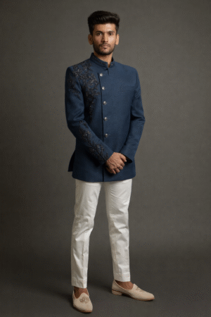 Blue Terry Wool Bandhgala with Hand Crafted Detail