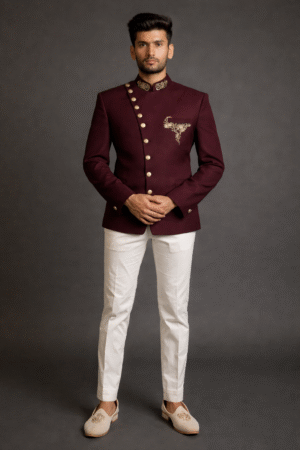 Maroon Asymmetric Bandhgala with Hand Embroidery