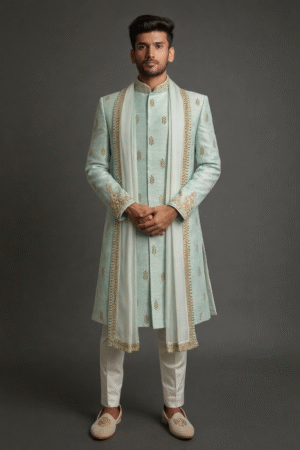 Sky Blue Hand Embroidered Motif Sherwani
