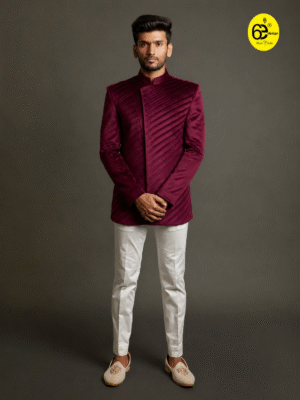 wine bandhgala with hand embroidery and asymmetric design