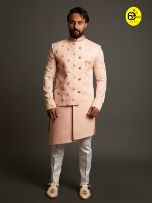 Peach Indo-Western Set with Hand Embroidery & Asymmetrical Pattern