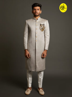 Grey Jacquard Wolf Embroidered Sherwani