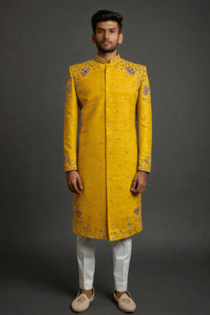 Mustard Yellow Zardosi Hand Embroidered Sherwani