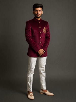 Maroon Bandhgala with Chest Hand Embroidery