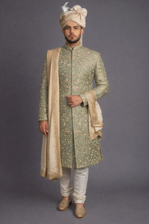 Pista Green Sherwani with Full Zardosi Embroidery – Designer Wedding Wear