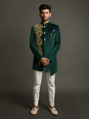 Asymmetric Green Bandhgala with Hand Embroidery