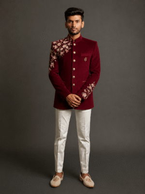 Maroon Bandhgala Suit with Hand Crafted Detail Work