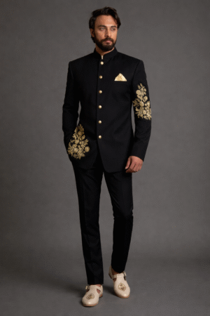 Black Bandhgala Suit with Gold Embroidery