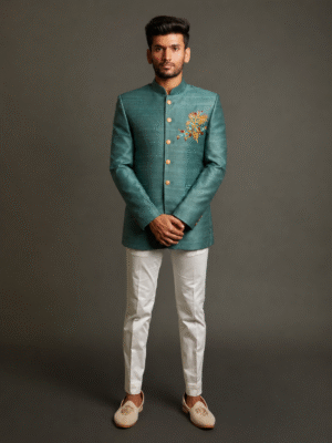 teal blue bandhgala suit