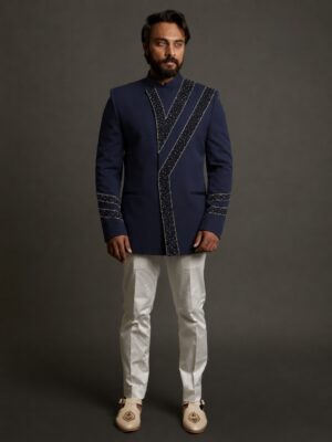 Navy Blue Bandhgala with Black Kardana Work