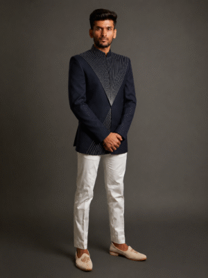 navy blue asymmetrical bandhgala with silver embroidery