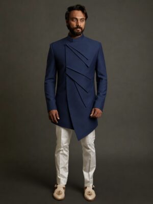 cobalt bandhgala with asymmetrical design