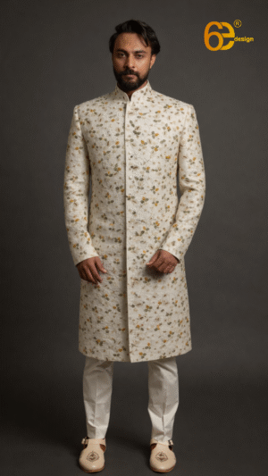 Cream All-Over Hand Embroidered Heavy Sherwani