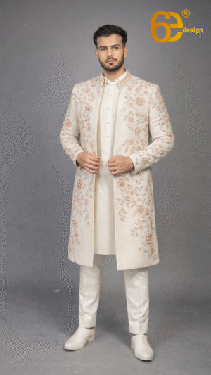 Pale Peach Heavy Embroidered Open Jacket with Inner Kurta for Men