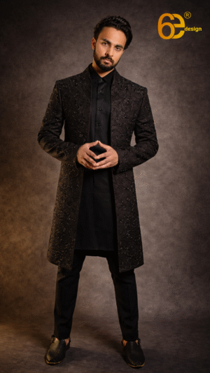 Black Jacquard Fabric Indo Western with Inner Kurta for Men