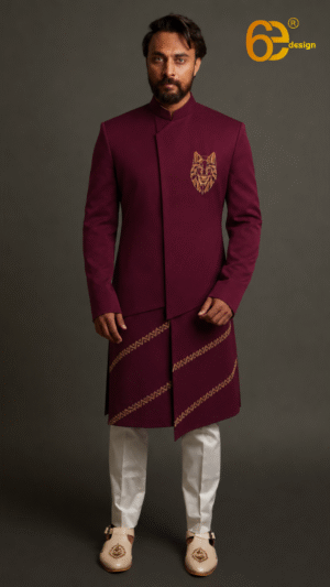 Maroon Indo Western Outfit with Wolf Hand Embroidery & Asymmetrical Pattern for Men