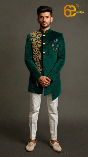 Hunter Green Heavy Hand Embroidered Asymmetrical Indo Western Outfit for Men