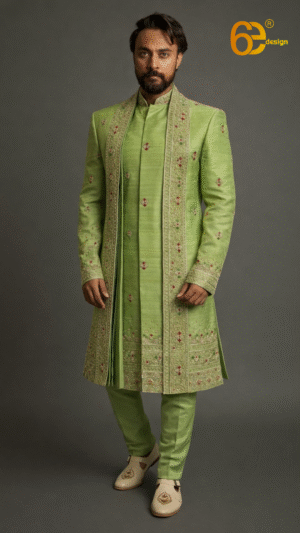 Green Heavy Sherwani with All-Over Hand Embroidery