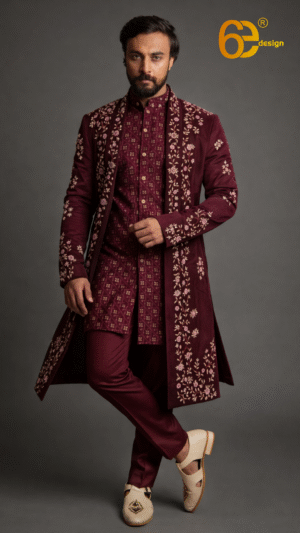 Oxblood Open Jacket with Heavy Hand Embroidery