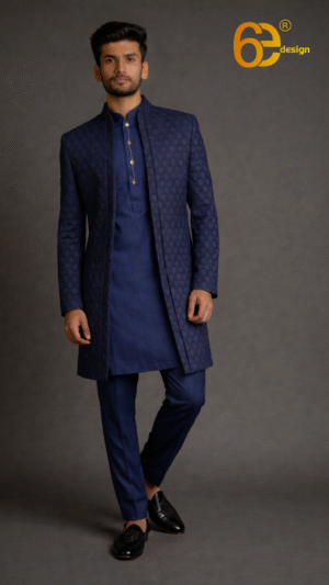 Royal Blue Open Jacket with Jacquard Fabric Kurta for Men