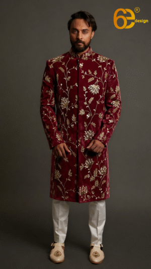 Maroon Velvet Heavy Gold Embroidered Indo Western for Men