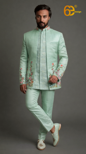Pista Green Open Jacket with Hand Resham Embroidery