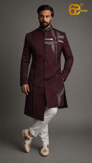 Maroon Asymmetrical Indo Western with Hand Embroidery for Men